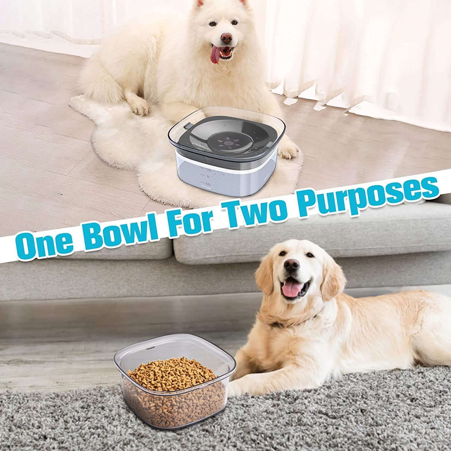 Dog Water Bowl 2L No Spill Dog Bowl Large Capacity Slow Water Feeder, Spill Proof Dog Bowl Transparent Pet Water Dispenser Vehicle Carried Travel Slow Drinking Water Bowl for Dogs, Cats image number 1