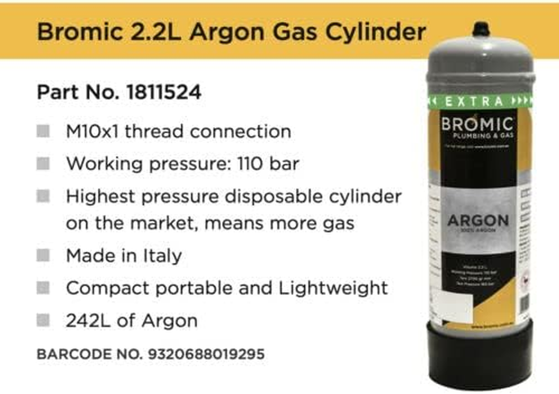 BROMIC 100% Pure Argon Gas Bottle Cylinder, 2.2L, Regulator Welding Mig Tig Disposable image number 1