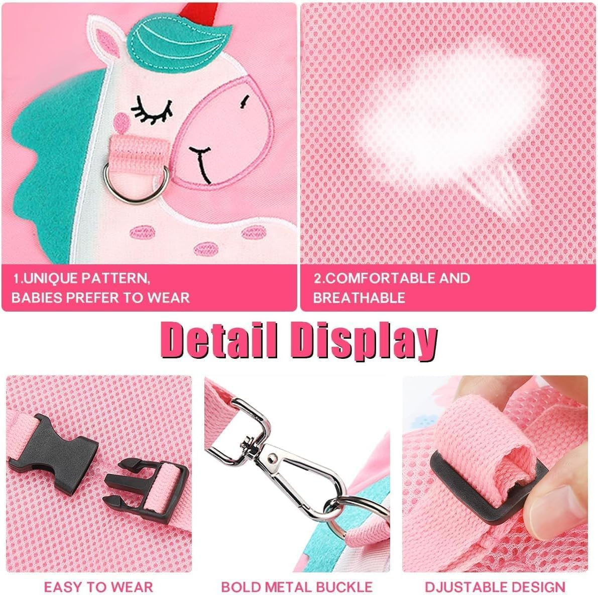 3 in 1 Toddler Harness Leash + Baby anti Lost Wrist Link, Cute Pattern Child Safety Harness Tether, Kids Walking Wristband Assistant Strap Belt for Parent Girls Outdoor Activity (Pink) image number 2