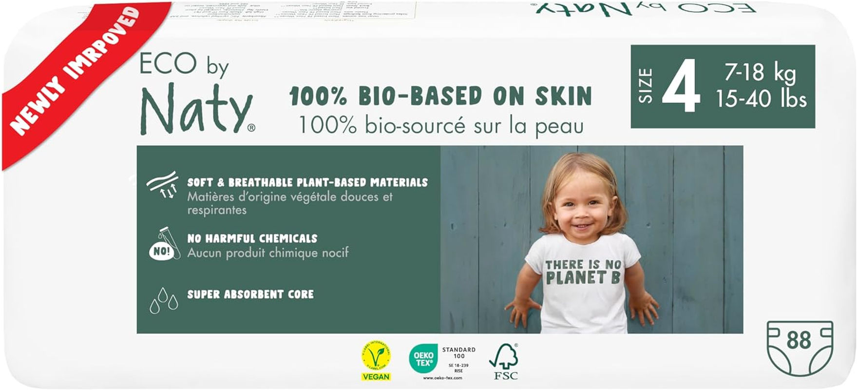 Eco by Naty Eco-Friendly Baby Nappies - 100% Plant-Based Materials on Skin, Soft, for Sensitive Skin & Super Absorbent (Size 4, 88 Count) image number 5