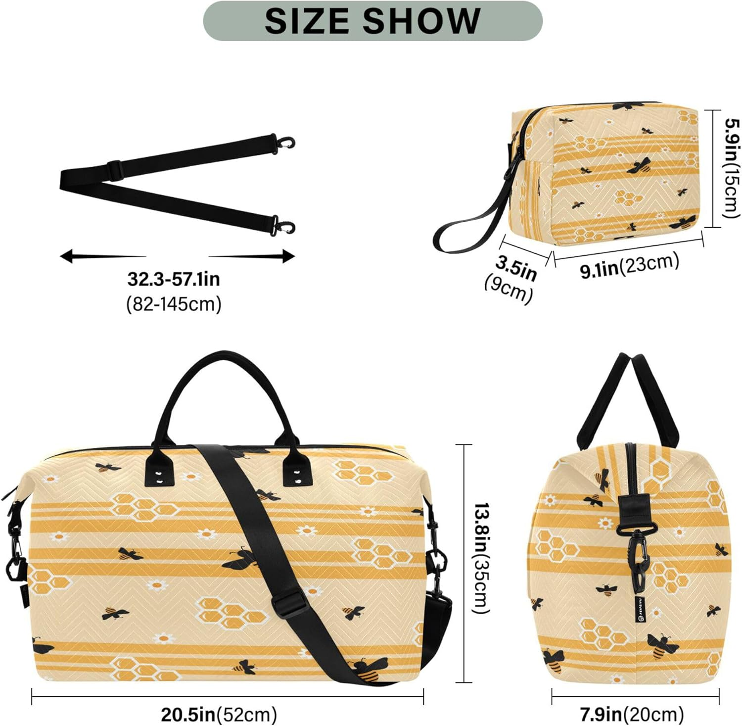 Caihoyu Large Bag Workout Bag Travel Weekender Gear Bag with Adjustable Strap for Trekking Waterproof Bees Honeycombs and Sunflowers, Multi, One Size, Multi, One Size, Modern/Fitted image number 4