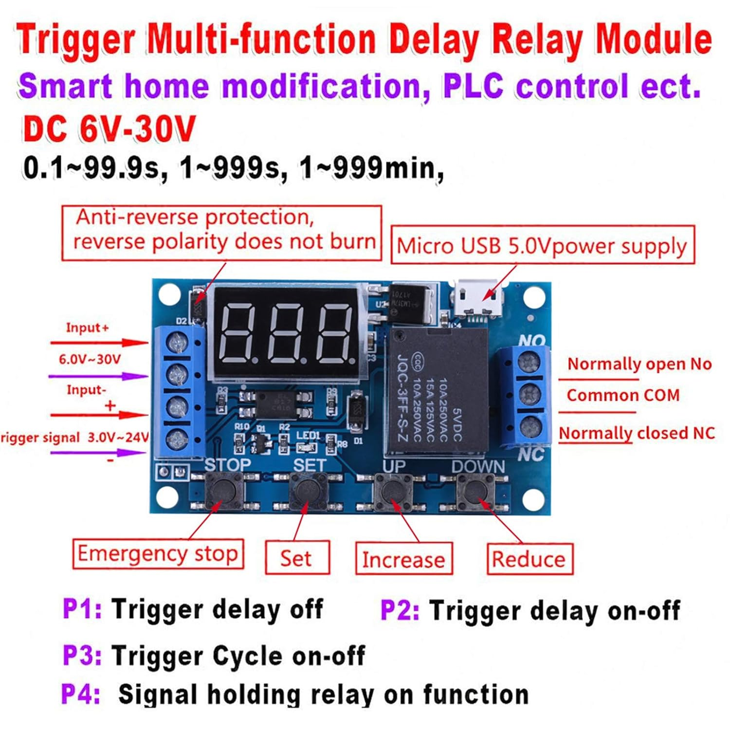6V~30V Delay On/Off Cycle Timer Relay Switch Module with Digit LED Display, High Voltage Level, Industrial Level Circuit Board, DC 30V 5A Load Capacity, 1 X Timer Switch image number 4