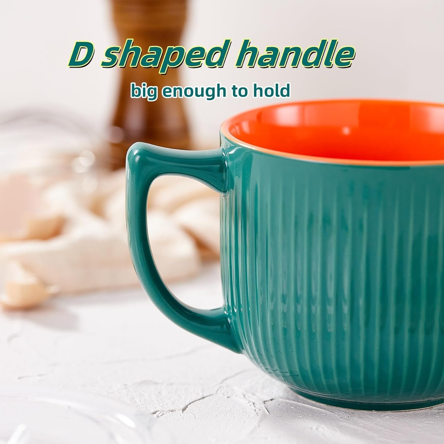 900Ml/32Oz Ceramic Soup Bowl with Handle & Lid - Microwave & Dishwasher Safe Large Ramen Bowl for Noodle, Cereal, Salad Soup Container with Lid - Green - Grey/Yellow image number 3