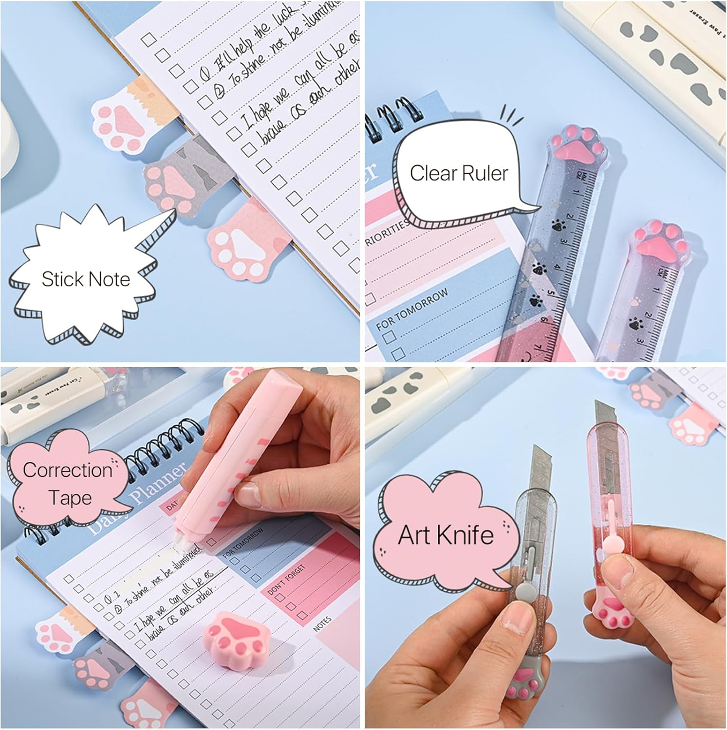 VANANA 9 Pcs Cute Cat Paw Stationery Set Pencil Sharpener Retractable Eraser Correction Tape Sticky Notes Ruler Mini Scissors Utility Cutter School Office Supplies(Pink) image number 5