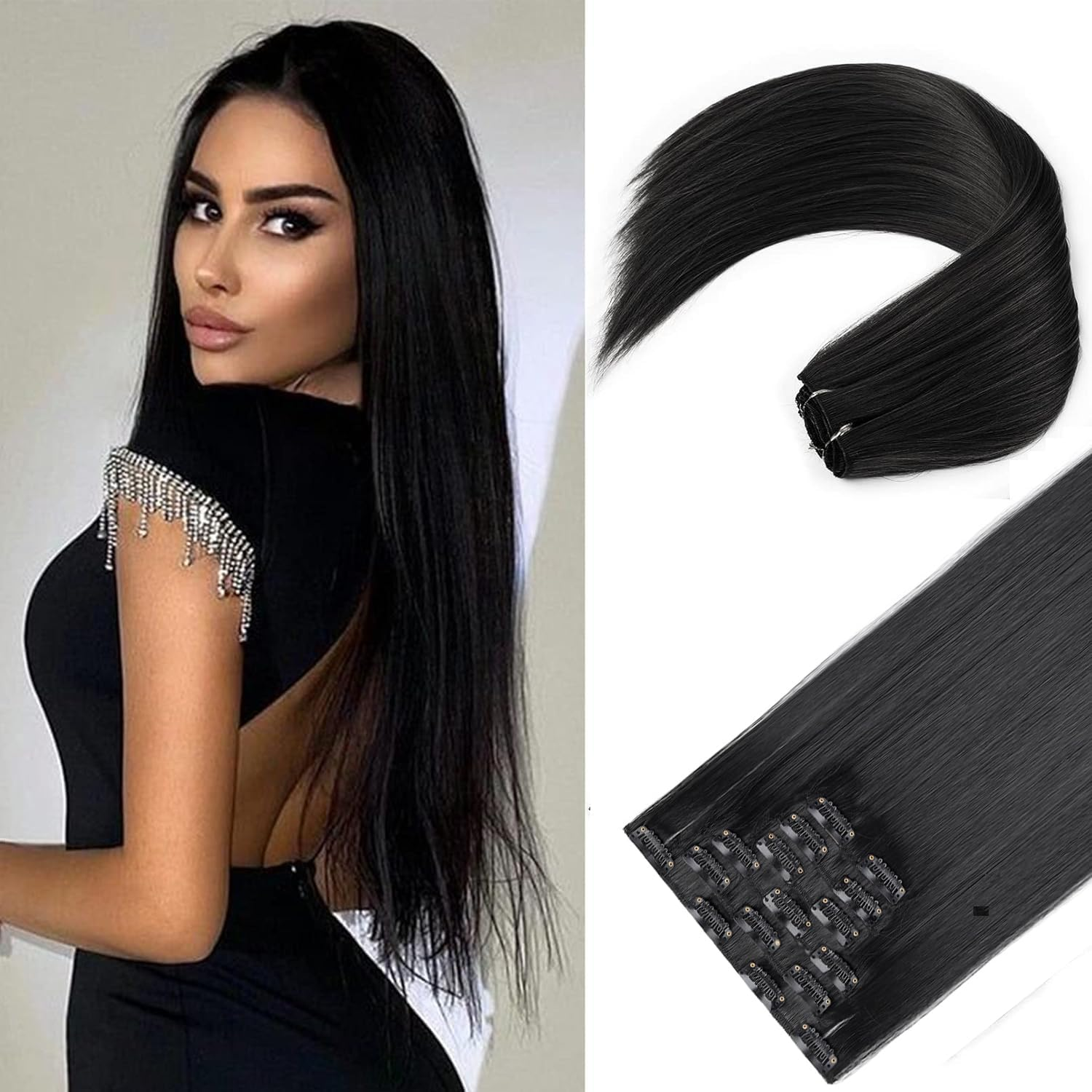 6Pcs Long Straight Black Clip in Hair Extensions for Women, Natural & Good Connectivity Hair Extensions Clip In,Straight Human Hair Clip in Extensions,24Inch (Light Brown)