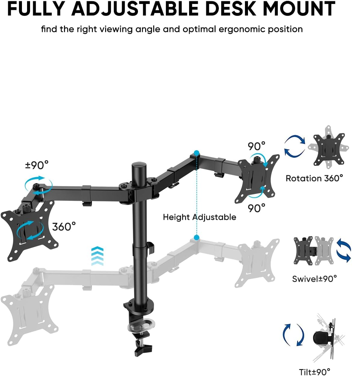 FORGING Mount Dual Monitor Desk Mount，Dual Monitor Stand for 2 Screens up to 30 Inches, 10Kg Capacity, Heavy-Duty Fully Adjustable Arms with Grommet Mount/C Clamp Mount image number 5