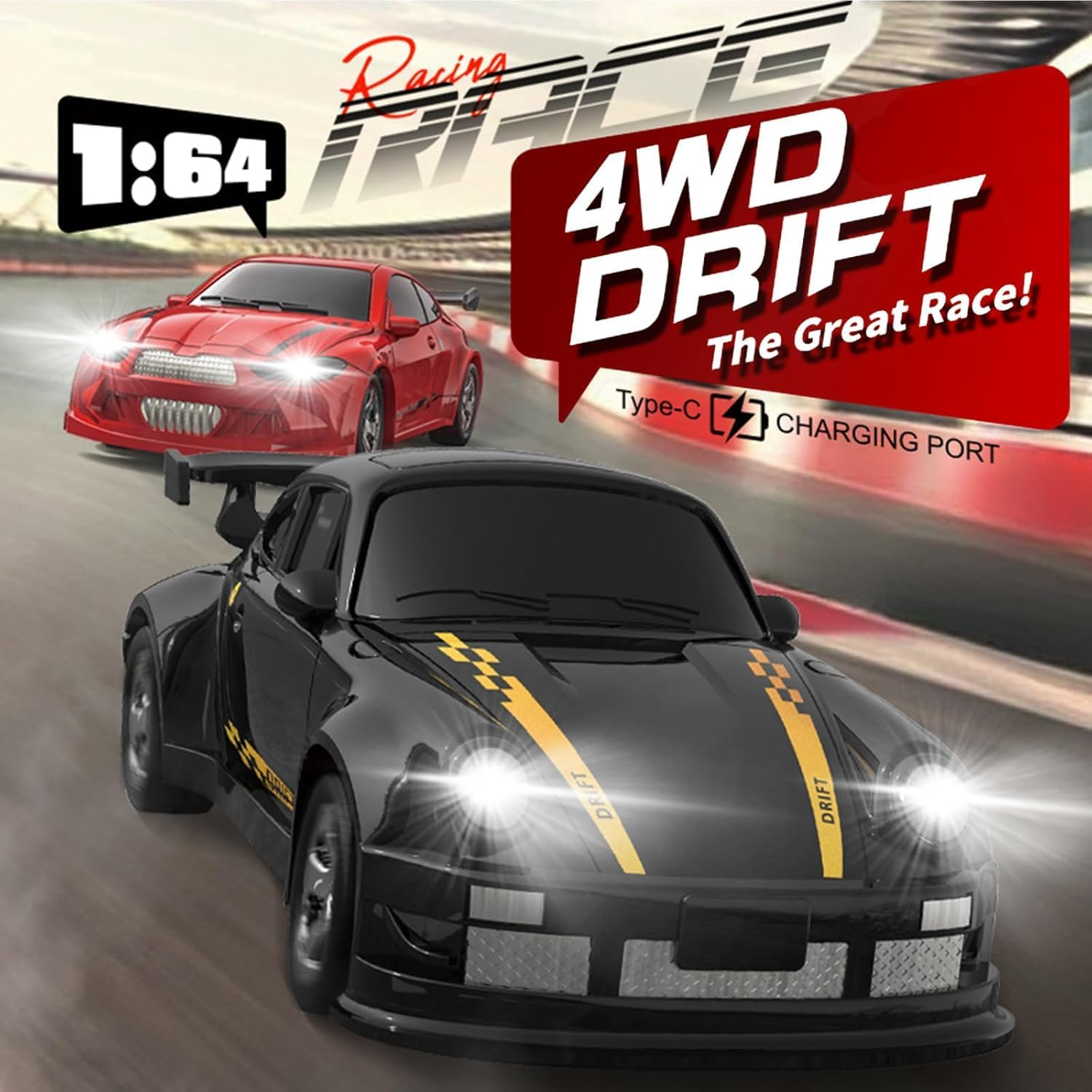 Mini 4WD Remote Control Drift Car,1:64 Hand Racing Car,2.4G Stepless Speed Remote Control Car,Simulation Front and Rear Lights,Suitable for Kids Adults Gift Toys (Black) image number 4