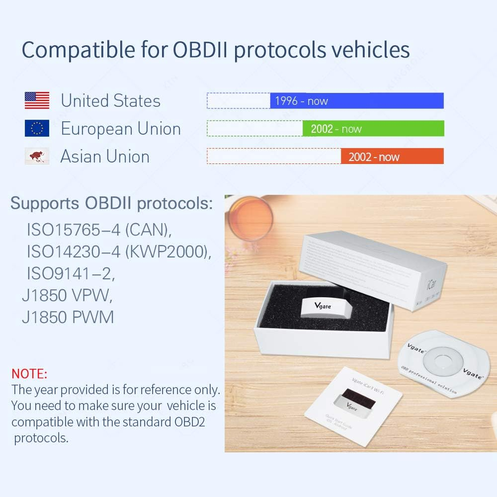 Vgate Icar 3 Wifi OBD2 Scanner Scan Tools Interface Adapter Check Engine Light Car Diagnostics Tool for Ios Iphone Ipad and Android, Auto Sleep(White)