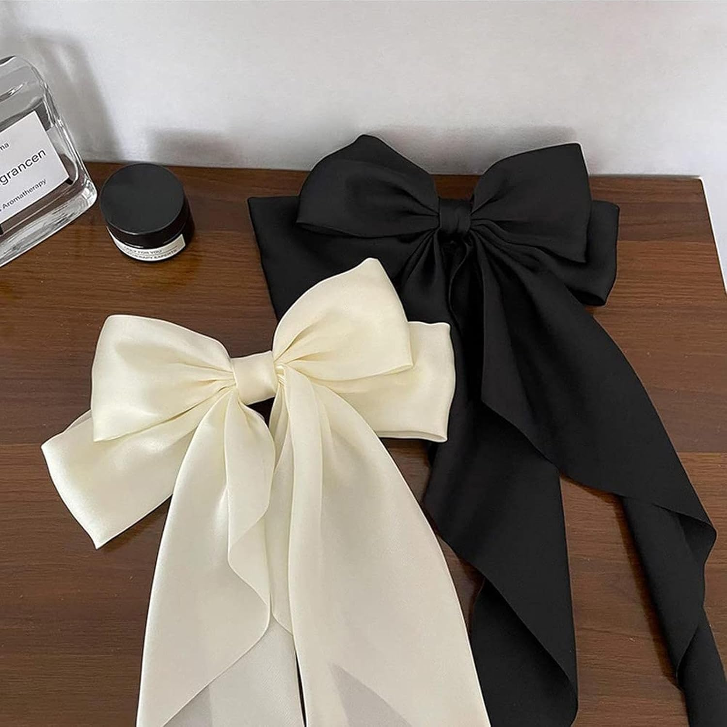 Hair Clips, 2 Pieces with Large Bow, Soft Silky Satin Hair Clip, Long Tail, French Ribbon Hair Pins, 90S Bowknot Clips for Party, Christmas, Women (Black + Beige) image number 4