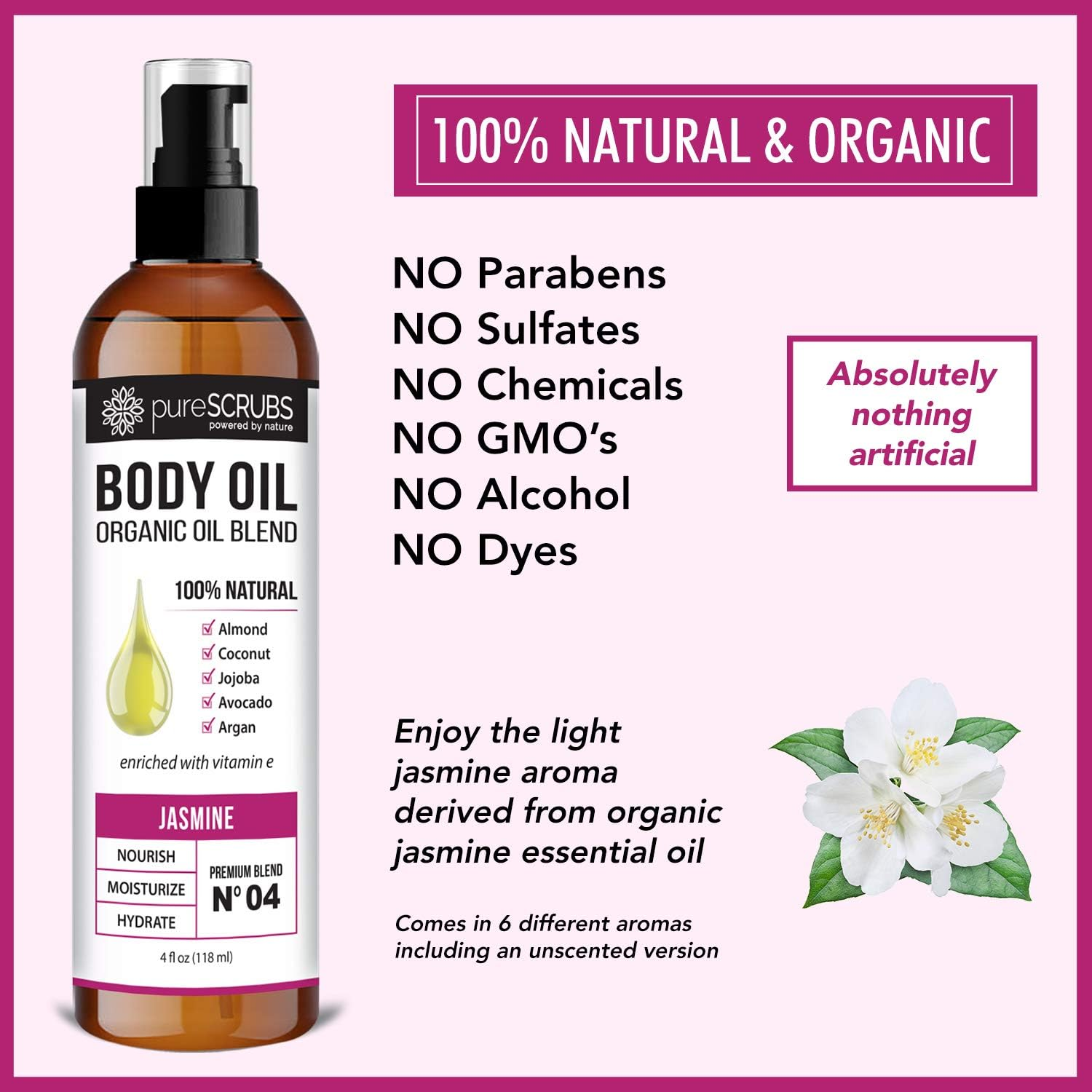 Purescrubs Ultra Moisturizing Jasmine Body Oil Spray for Dry Skin, Massage, Cuticles & More - Organic Super Blend of Jojoba, Argan, Coconut, Sweet Almond & Avocado Enriched with Vitamin E, Lg 4Oz