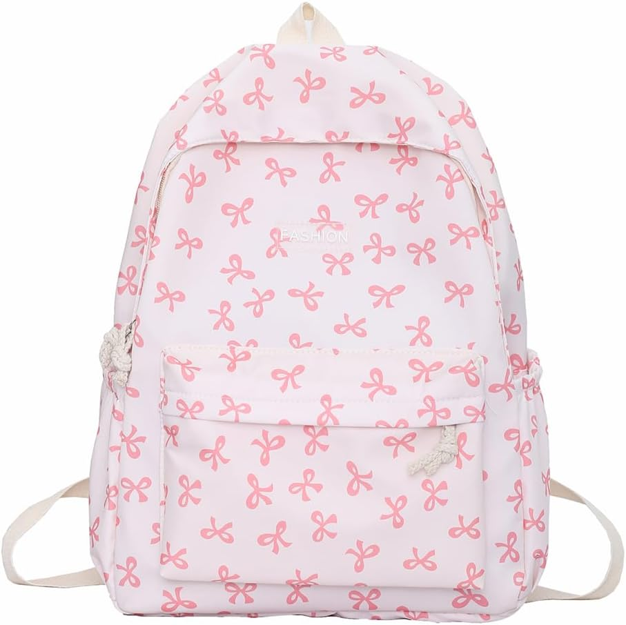 ALINUOYQ Cute Bows Backpack Coquette Aesthetic Backpack for Women Preppy Kawaii Backpack Nylon Laptop Bag Travel Backpack - Khaki image number 2