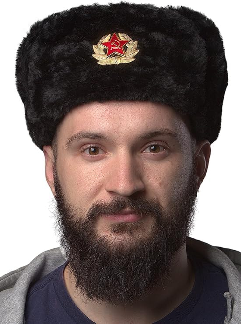 Soviet Style Winter Hat | Faux Fur Ushanka Cossack Hat with Ear Flaps & Decorative Military Pin | Mens Russian Trapper Ski Hat Perfect for Long, Cold Winter Nights One Size-58/60Cm