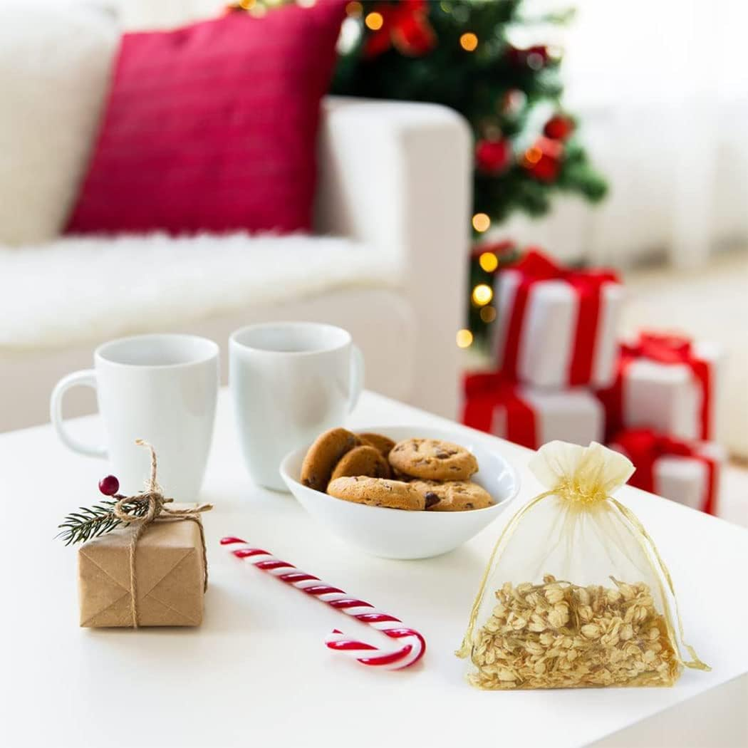 Idopick 100PCS 4X6 Inches Sheer Organza Bags, White Wedding Favor Bags with Drawstring, Small Jewelry Gift Bags for Party, Jewelry, Festival, Makeup Organza Favor Bags,Net Gift Bags,Drawstring Goody Bags (Gold) - Multicolor image number 4