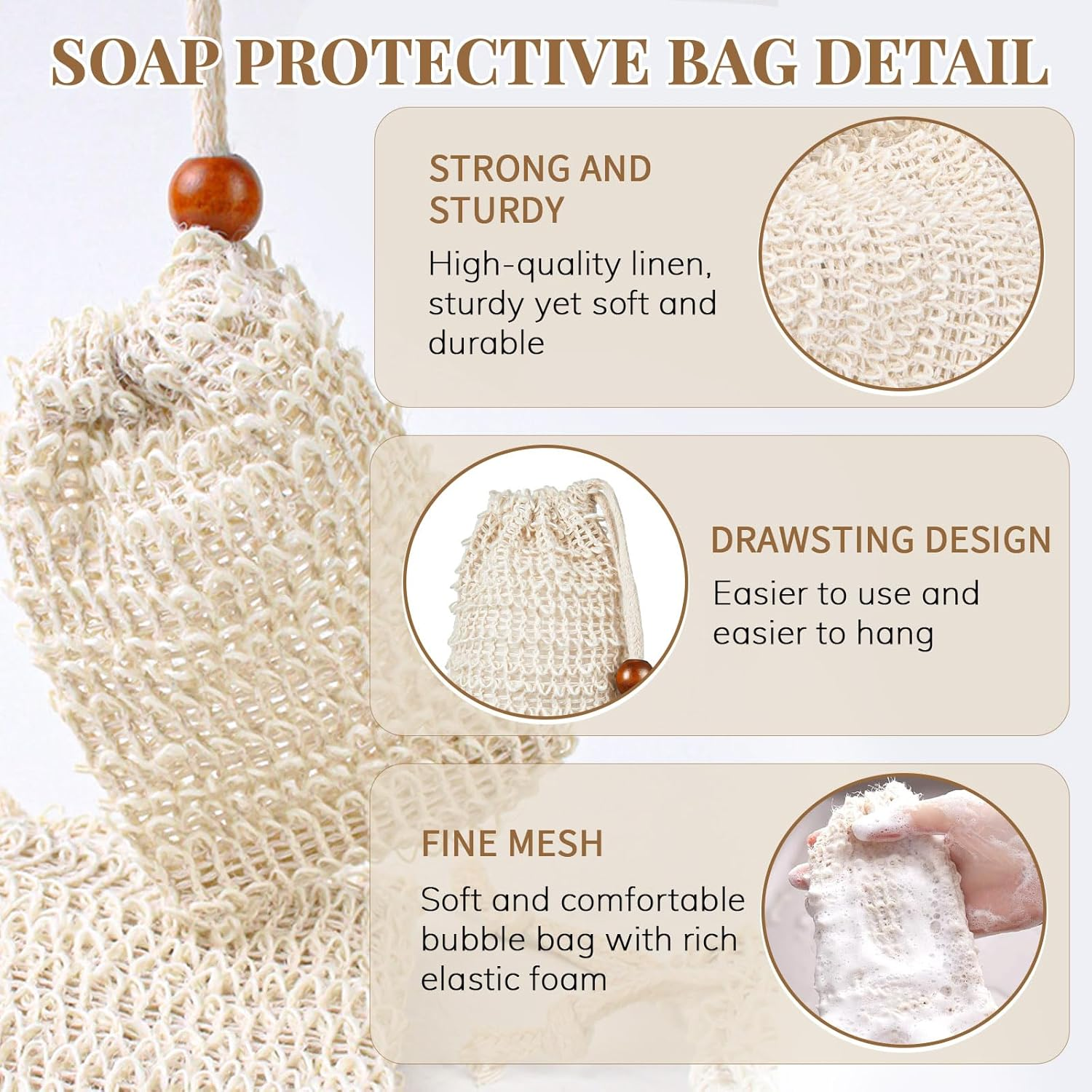 20 Pack Soap Saver Bag for Bar Soap, Bar Soap Scrubber Pouch with Wooden Bead, Exfoliating Soap Bag for Shower image number 3