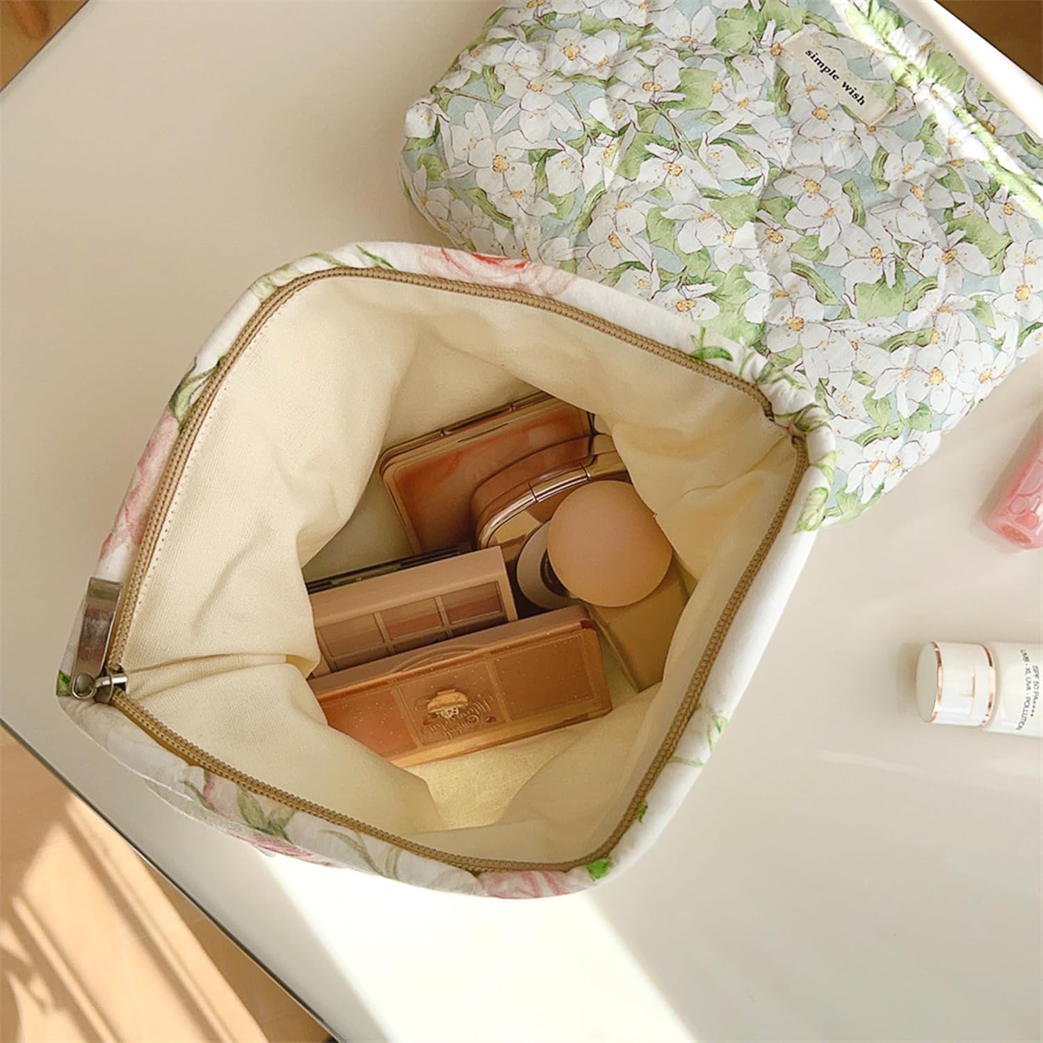 2 Pcs Floral Makeup Bag Large Travel Cotton Quilted Cosmetic Makeup Bag Organizer, Cute Coquette Aesthetic Zipper Portable Pouch Purse Storage Toiletry Bag for Women Girls Accessories, L-Green image number 4