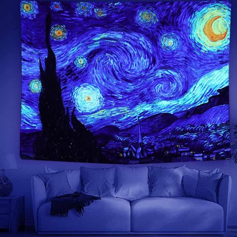 Blacklight Classical Tapestry UV Reactive Art Tapestry Starry Nigth Tapestry Black Light Poster Van Gogh Tapestry for Bedroom Aesthetic Tapestry Glow in the Dark Tapestries Home Decor 79" X 59" image number 2