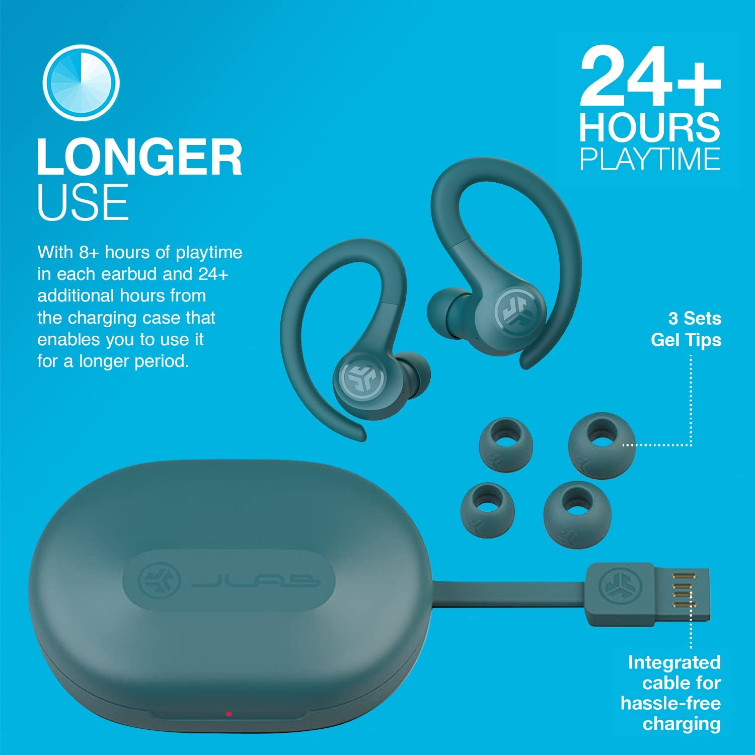 Jlab Go Air Sport, Wireless Workout Earbuds Featuring C3 Clear Calling, Secure Earhook Sport Design, 32+ Hour Bluetooth Playtime, and 3 EQ Sound Settings (Teal) image number 4