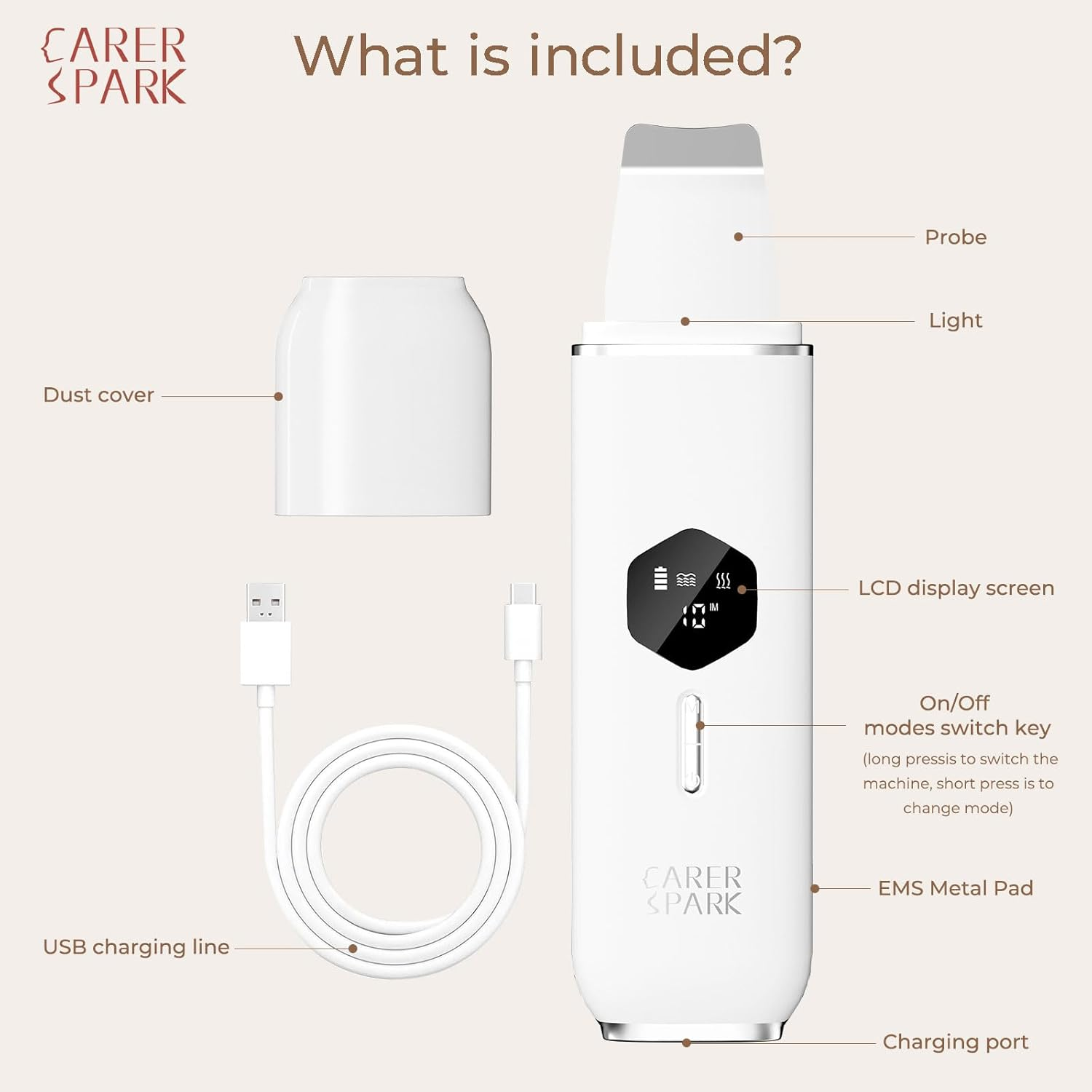 CARER SPARK Skin Scrubber Ultrasonic Exfoliator for Face Blackhead Remover with 4 Modes LED Display, 10 Minutes Auto Shut-Off for Deep Cleaning, Blackhead Removal, USB Charging image number 5