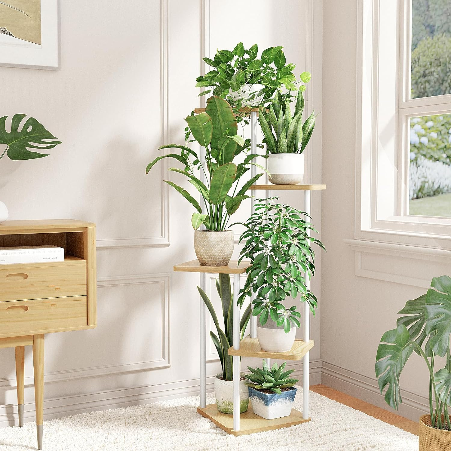 Bamworld Corner Plant Stand Indoor, Tall Metal Plant Shelf for Multiple Plants, 5 Tier Flower Stand for Patio Garden Balcony Living Room Bedroom(White)