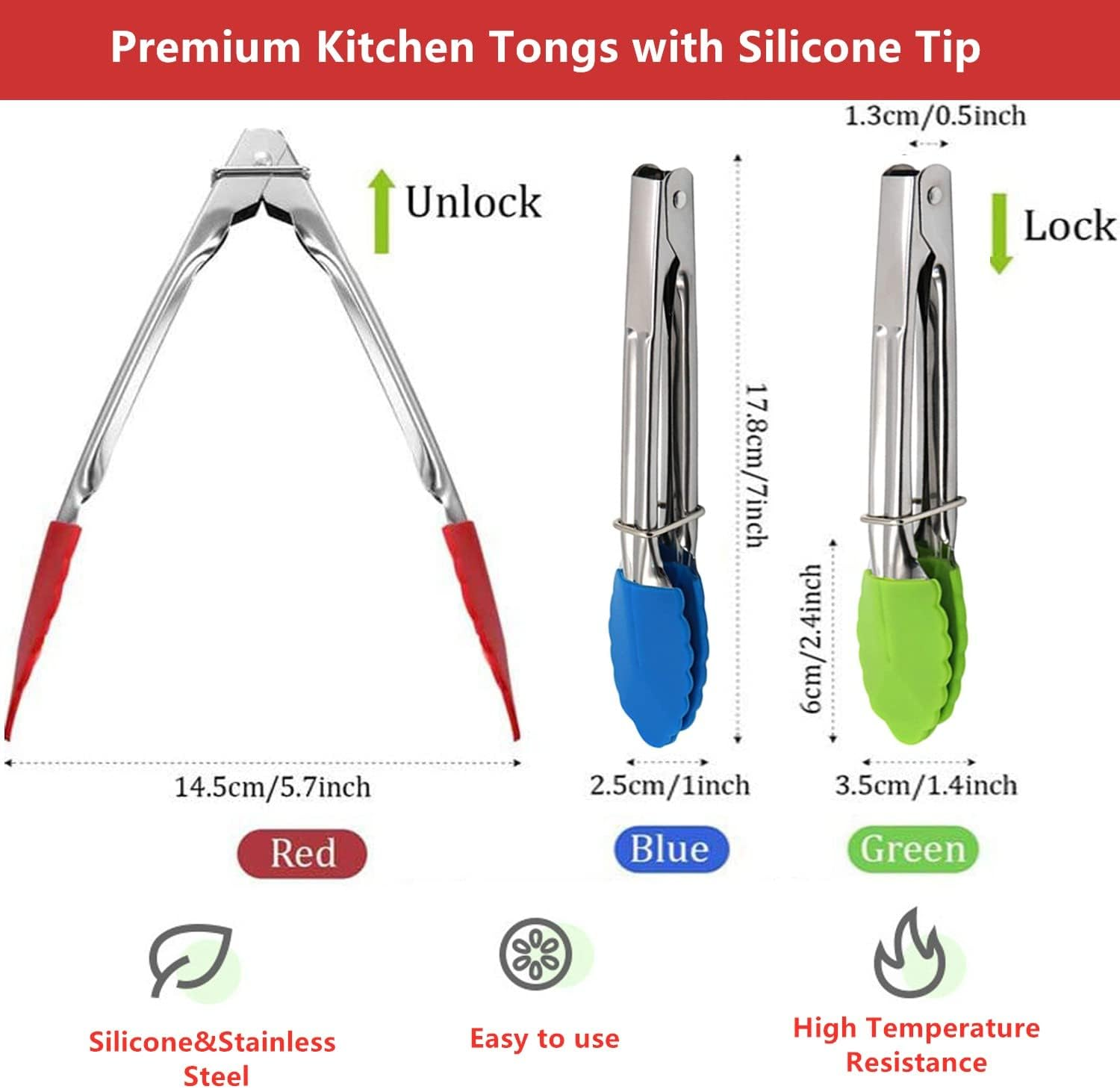Mini Kitchen Tongs with Silicone Tips,Silicone Serving Tongs of 3 Set,7 Inch Non-Stick Small Tongs with Stainless Steel Silicon Handles, Heat Resistant Tongs for Cooking, Serving (Multi-Color) image number 3