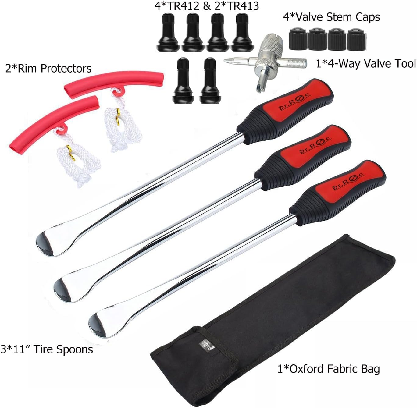 16Pcs Tire Spoon Lever Dirt Bike Lawn Mower Motorcycle Tire Changing Tools with Stable Bag 3 Tire Irons 2 Rim Protectors 1 Valve Stems Set TR412 TR413