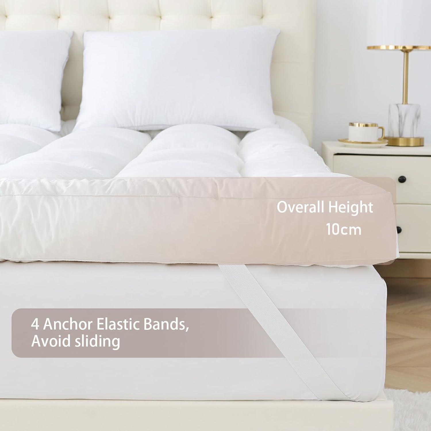 Luxury Bamboo Mattress Topper Single Size(90X200Cm), Cooling & Softness, 1500GSM Microfibre Filling,10Cm Thick with Elastic, Fitted Washable Hypoallergenic Mattress Protector image number 4