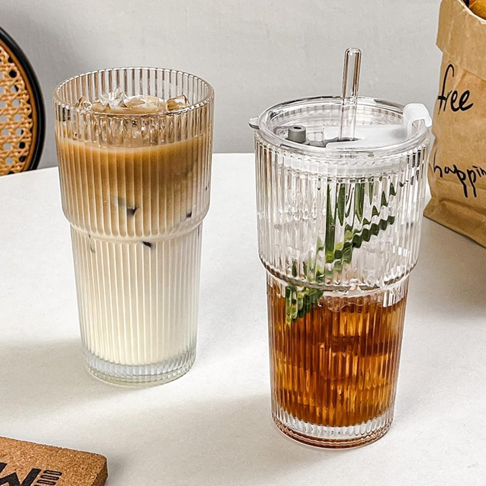 20 Oz Ribbed Glass Tumblers with Lids and Glass Straws- 4/2 Pack Ribbed Glass Iced Coffee Cup with Straw and Lid, Thicken Glasses, Ideal for Smoothieds, Cocktails, and Juices (4, 600 ML) (4, 600ML) image number 1