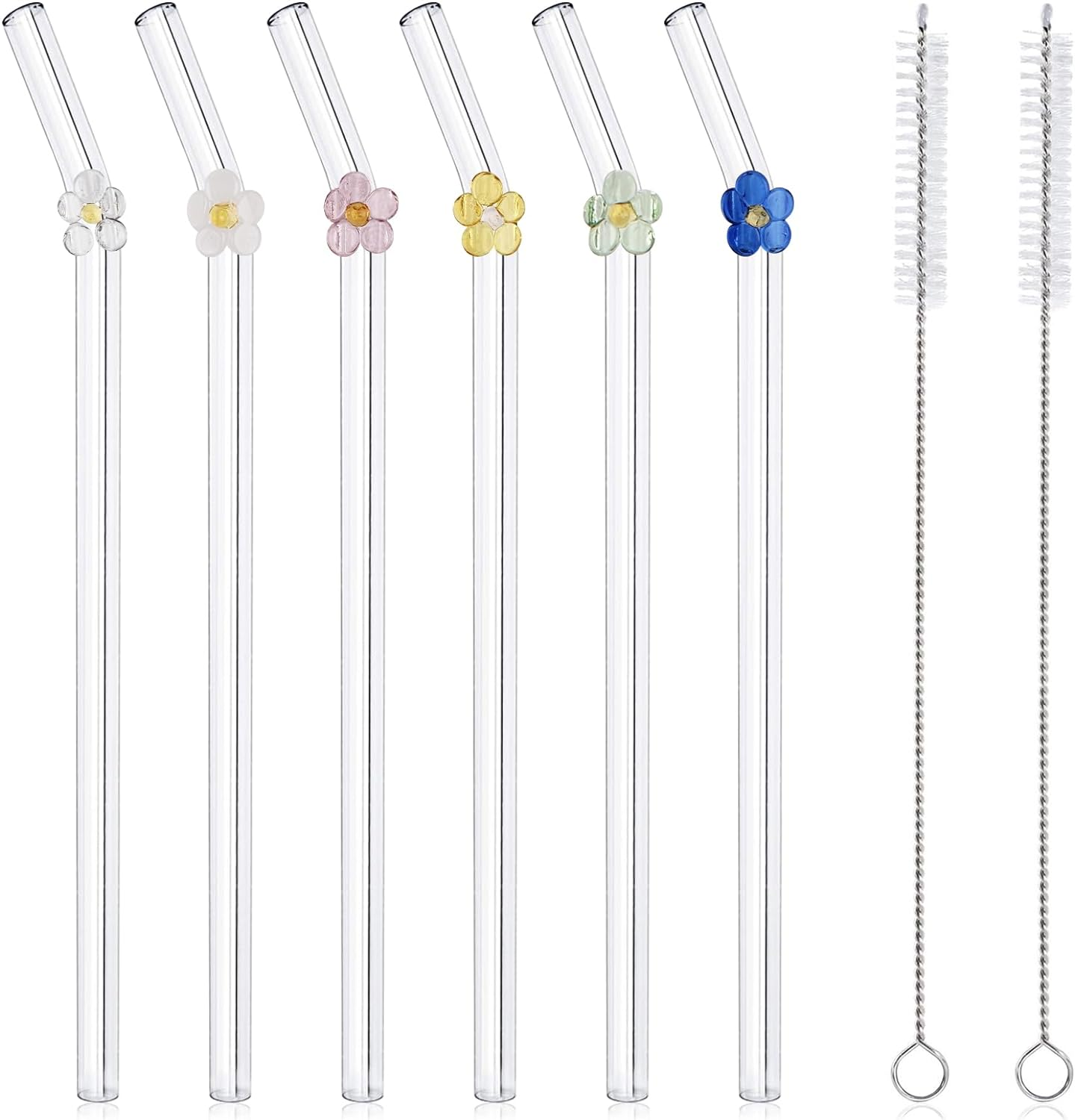 DUMING-IN 6 Pcs Reusable Glass Straws with 2 Cleaning Brushes, Cute Colorful Flower Glass Straw Shatter Resistant, Reusable Straws Dishwasher Safe for Smoothies, Milkshakes, Juices, Teas image number 6