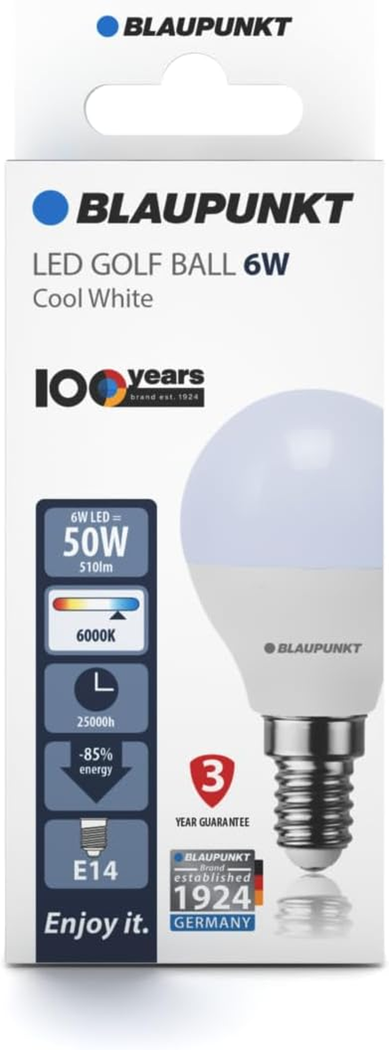 Blaupunkt LED Bulb G45 Golf Ball, E14 Base Screw, 6W, Replaces 50W Incandescent, Cool White 6000K, Cold Light, Non-Dimmable, 520 Lumen, Light Bulb, Room Lighting, 1 Piece (Pack of 1) image number 2