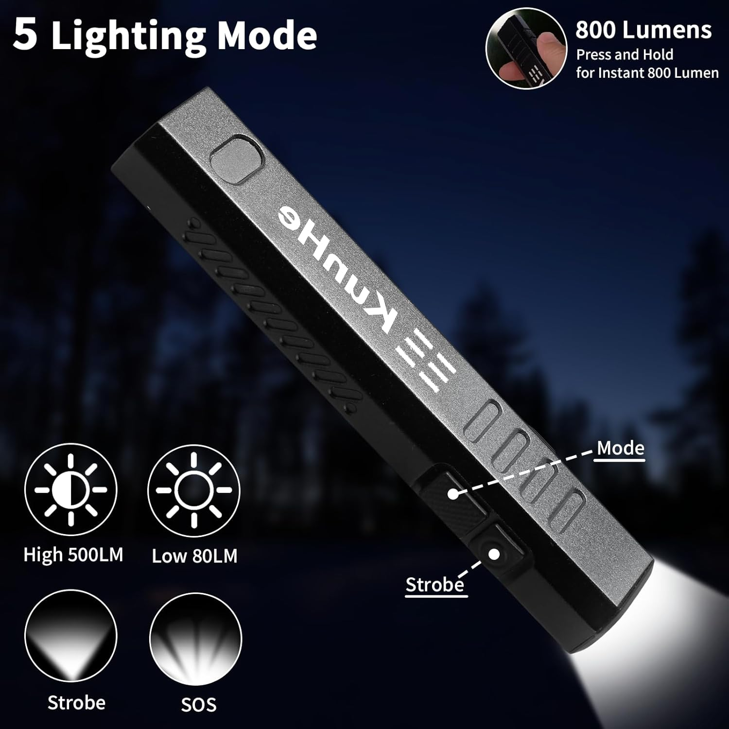 Kunhe USB Torch LED Rechargeable Flat Handy 800 Lumen Flat Torch with Magnet, 1200 Mah Battery, 4 Modes, Perfect as an EDC Mini Light for Everyday and Emergency Use