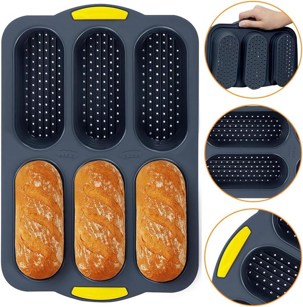 Baguette Pan,Loaf Pan,Silicone Bread Loaf Pan,French Bread Pan,Hot Dog Bun Mold,With Comfort Grip for Kitchen Baking, Open Hole Silicone Baking Mold,Grey and Yellow