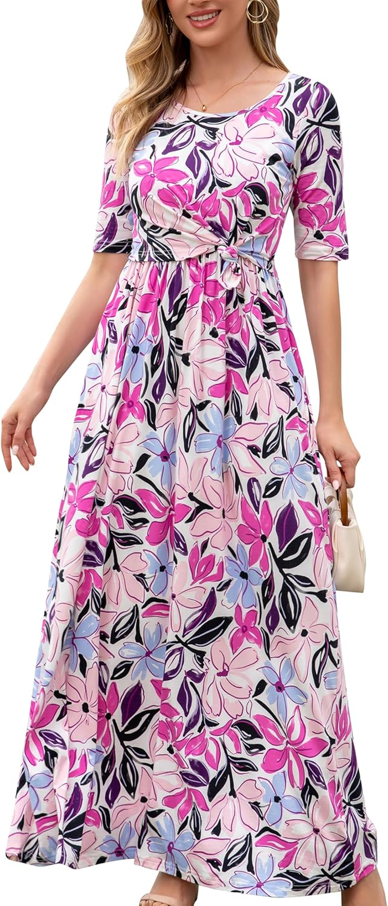 Women'S Maternity Nursing Dresses Front Knot Nursing Maxi Dress for Breastfeeding with Pockets