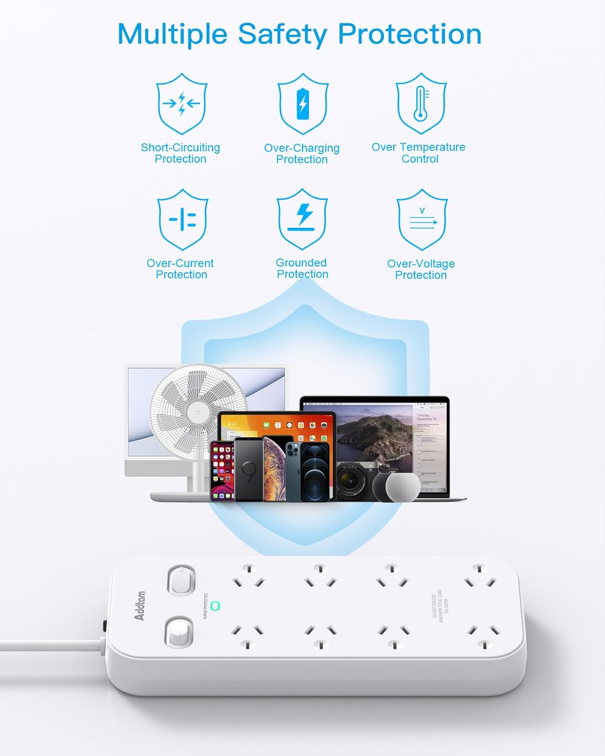 Power Board Surge Protected- 8 Widely Outlets(10A/2400W) Powerboard with 1M Extension Cord, 900J Surge Protection Double Switch, Wall Mountable for Home Office Accessories image number 1