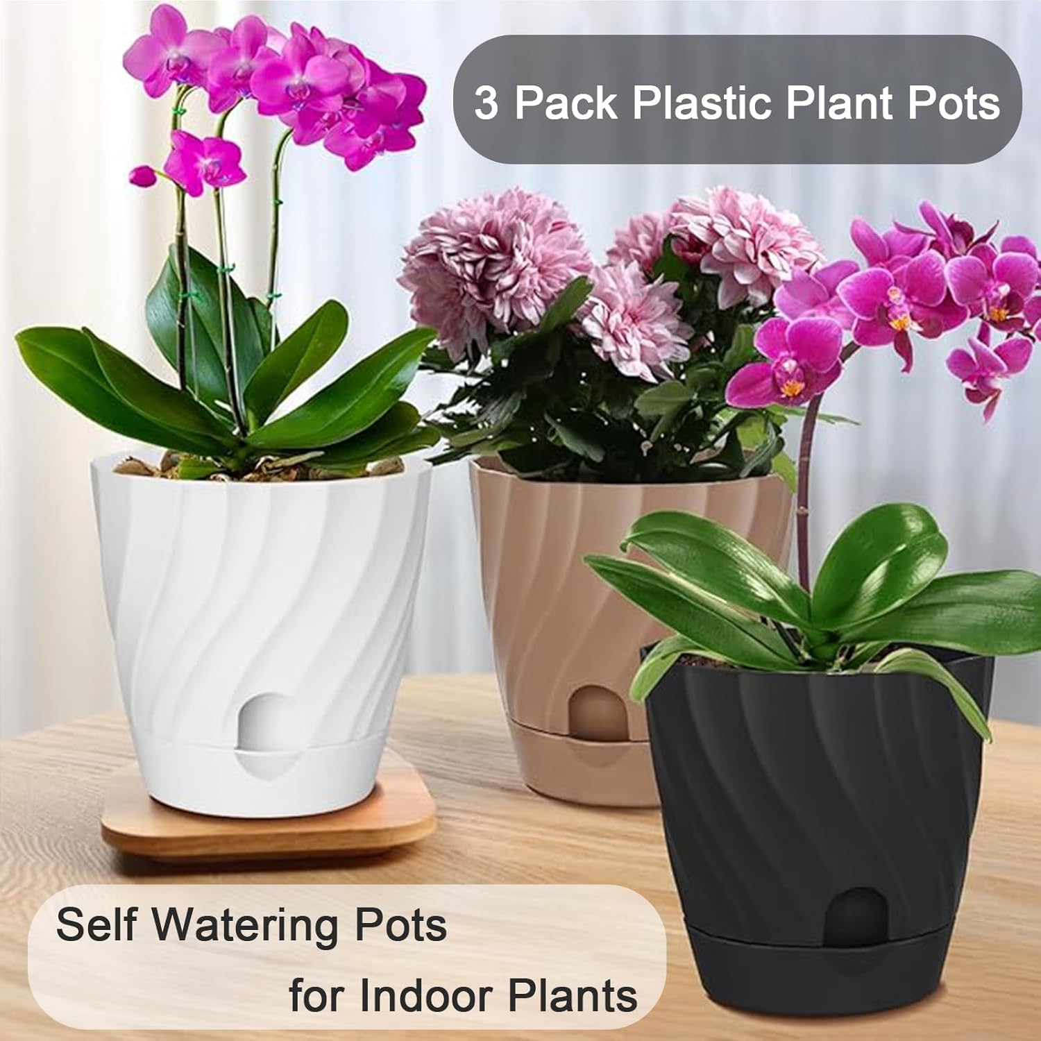 MLKLDOU 6 Inch Indoor Self Watering Pots with Indoor Planter Pot,3 Pack Plastic Plant Pots with Reservior and Drainage Holes,Pots Planters for Outdoor Garden Succulent Orchid Flower Pot（3 Colors） image number 5