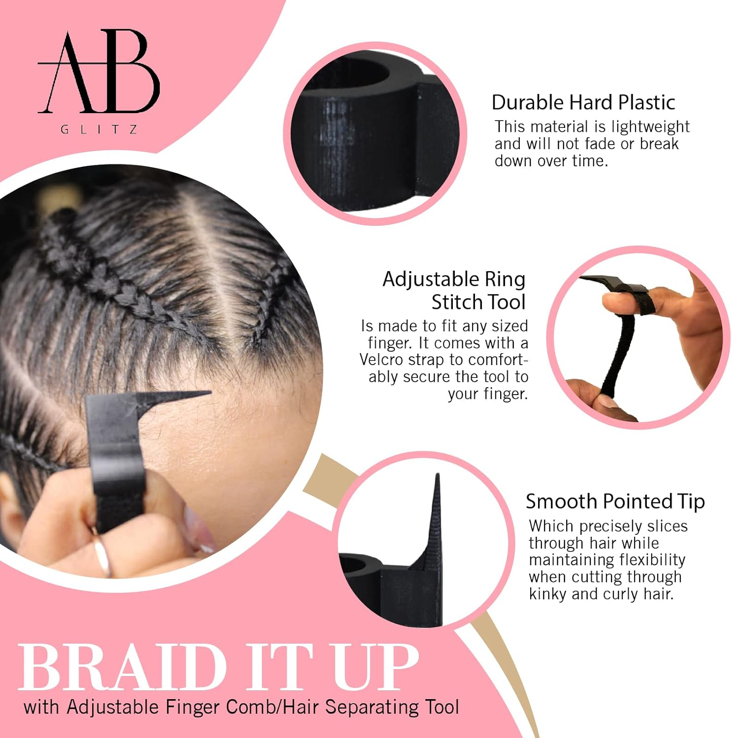 The Braid Aid Adjustable Finger Parting Tool - Stitch Braiding Tool, Finger Comb Hair Parting Tool - Lightweight Hair Separating Tool - Great for Any Hair Type - Pack of 2 image number 4
