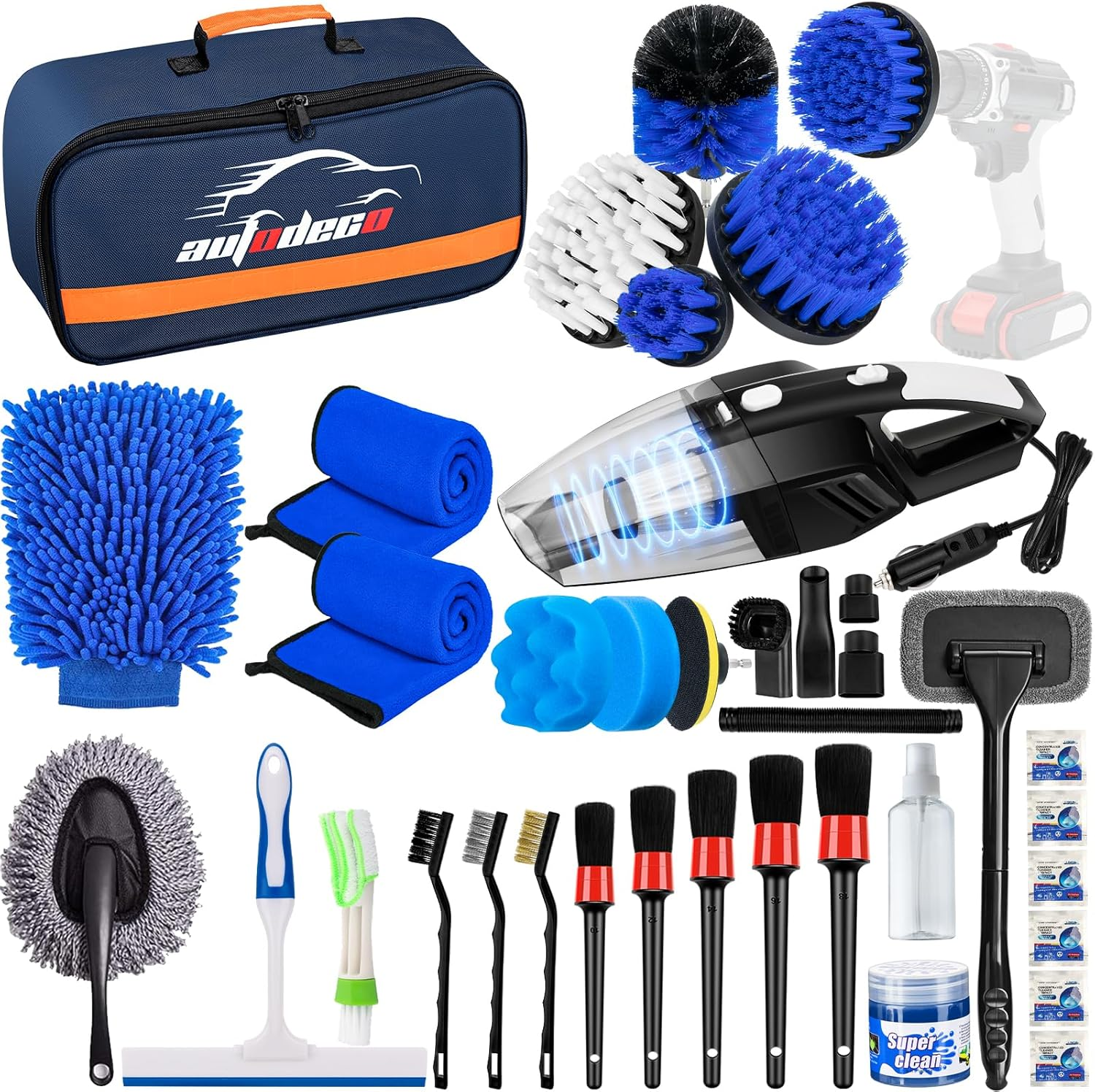 AUTODECO 37Pcs Car Detailing Brush Set, Car Detailing Kit, Auto Detailing Drill Brush Set, Car Detailing Brushes, Car Wash Cleaning Tools Kit with Car Vacuum for Interior, Exterior, Wheels, Blue