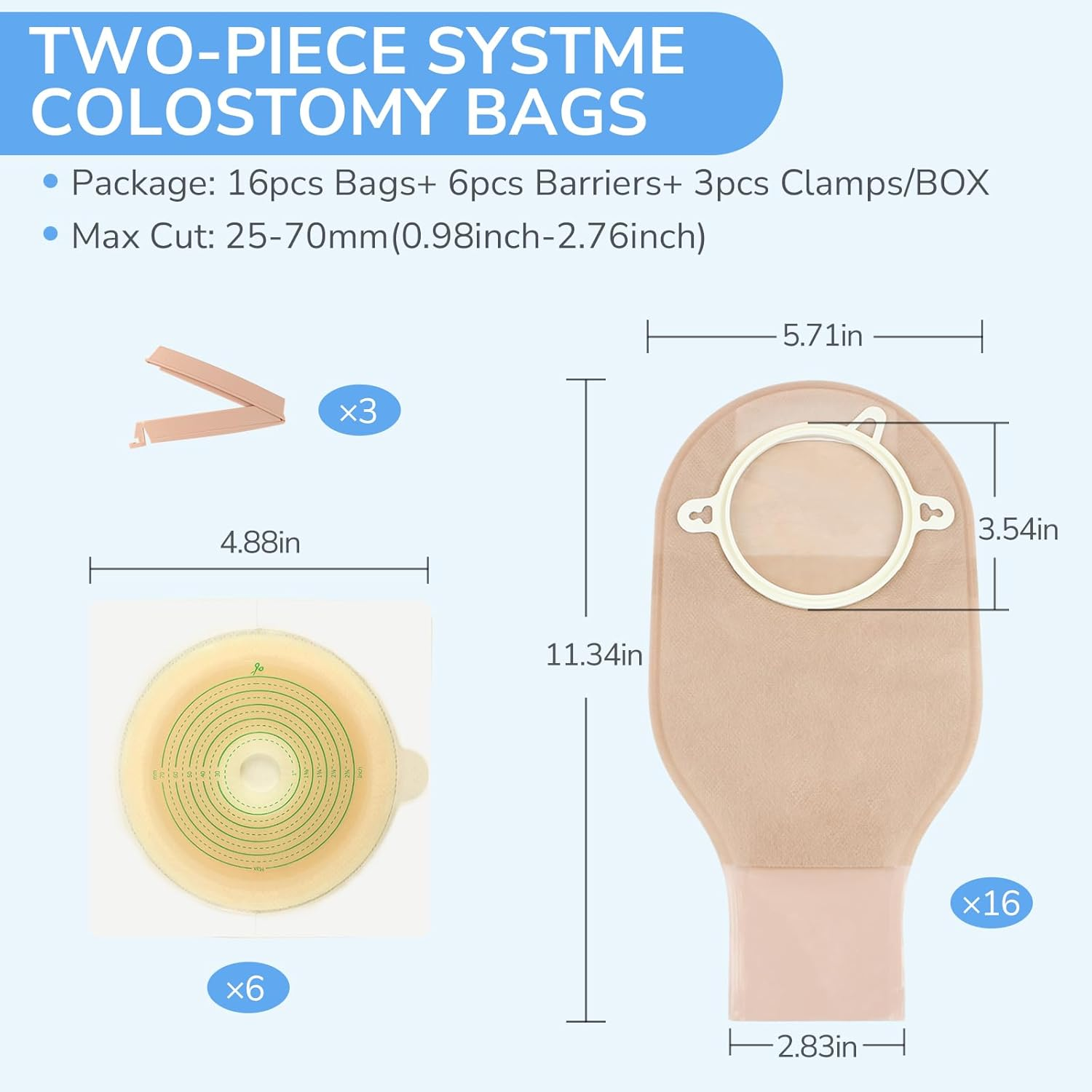 22 PCS Ostomy Supplies Colostomy Bags, 2 Piece Clamp Drainable Pouches for Colostomy Ileostomy Stoma Care, Cut-To-Fit, 70 Mm Max (16 X Ostomy Bags+ 6 X Barriers+3 X Clamps) image number 2