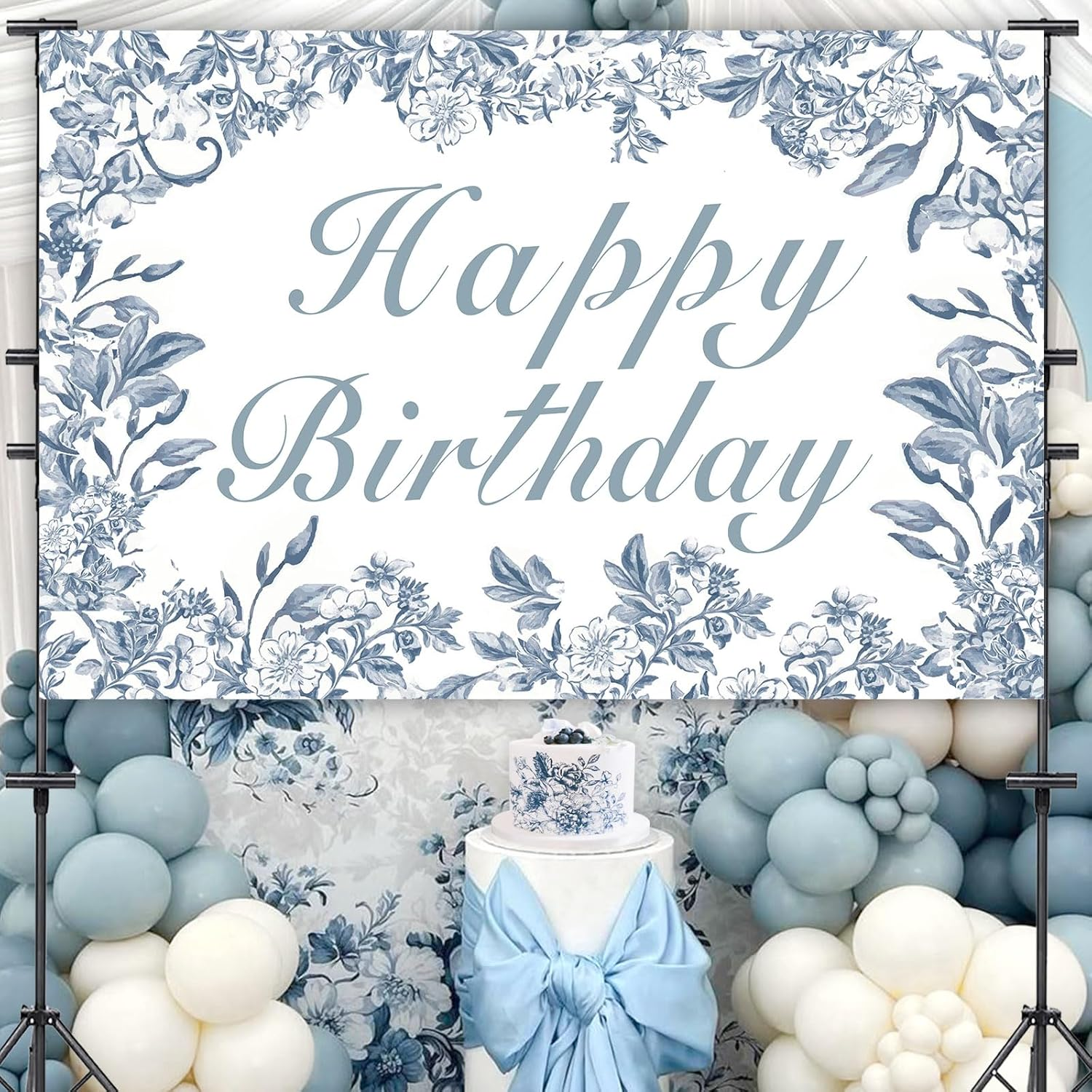 Wonmelody Blue Chinoiserie Birthday Decor 5 * 3Ft Blue Chinoiserie Happy Birthday Backdrop Banner Blue White Floral Backdrop Vintage Floral Party Decor for Chinoiserie Birthday Wedding Bridal Shower image number 4