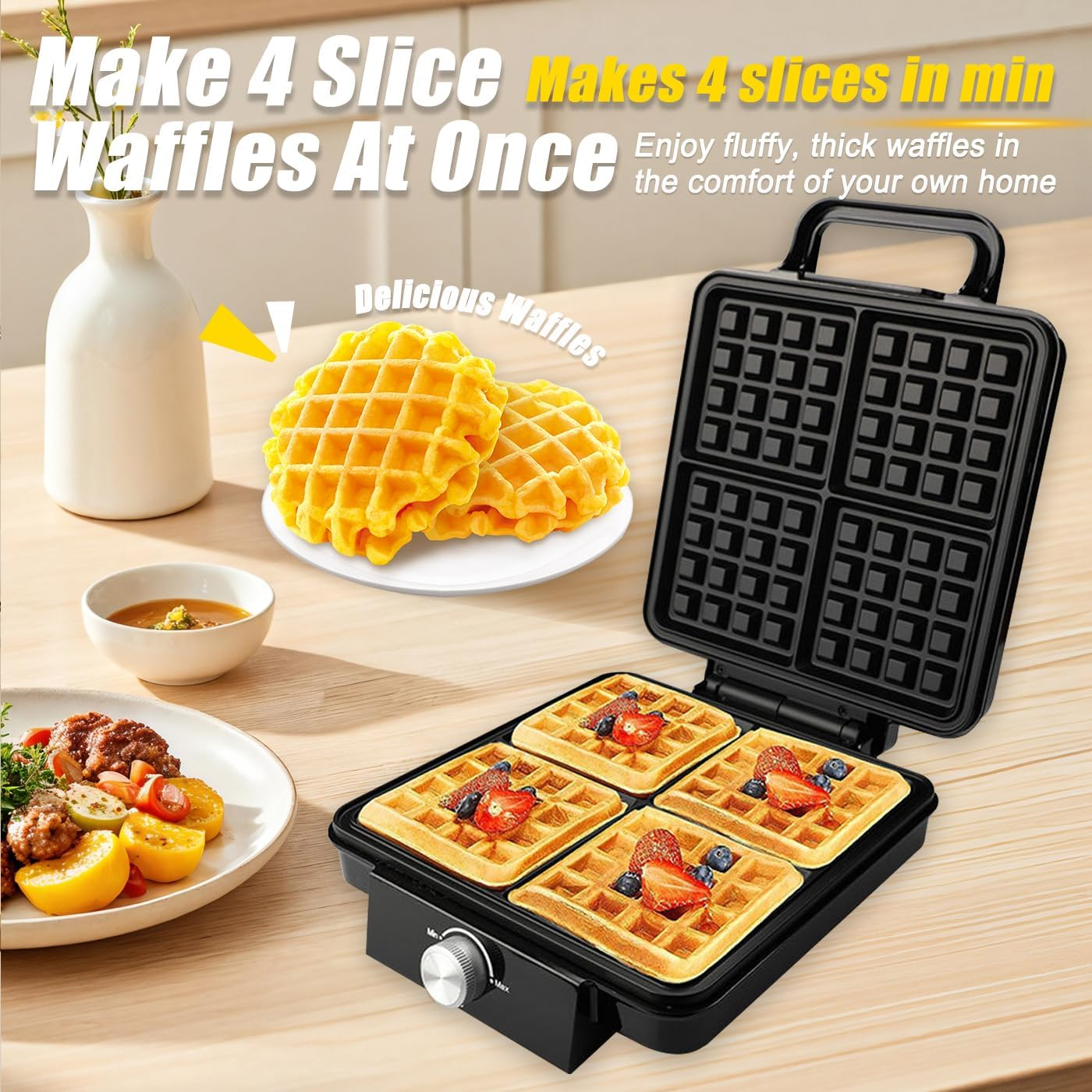 4 Slices Waffle Maker Machine, 1500W Household Electric Waffle Makers & Irons Iron with Temperature Control, Double-Sided Heating, Easy Clean, for Breakfast, Hash Browns, Best Gift image number 6
