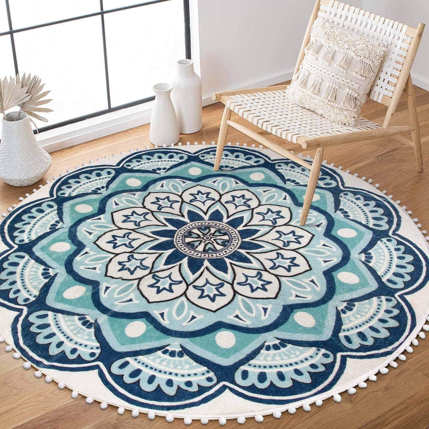Uphome round Rug 5.3Ft Blue Circle Boho Rug with Pom Pom Fringe Machine Washable Non-Slip Sofa Floor Mat Soft Cute Blooming Mandala Carpet for Living Room Bedroom Kid'S Room Nursery image number 5
