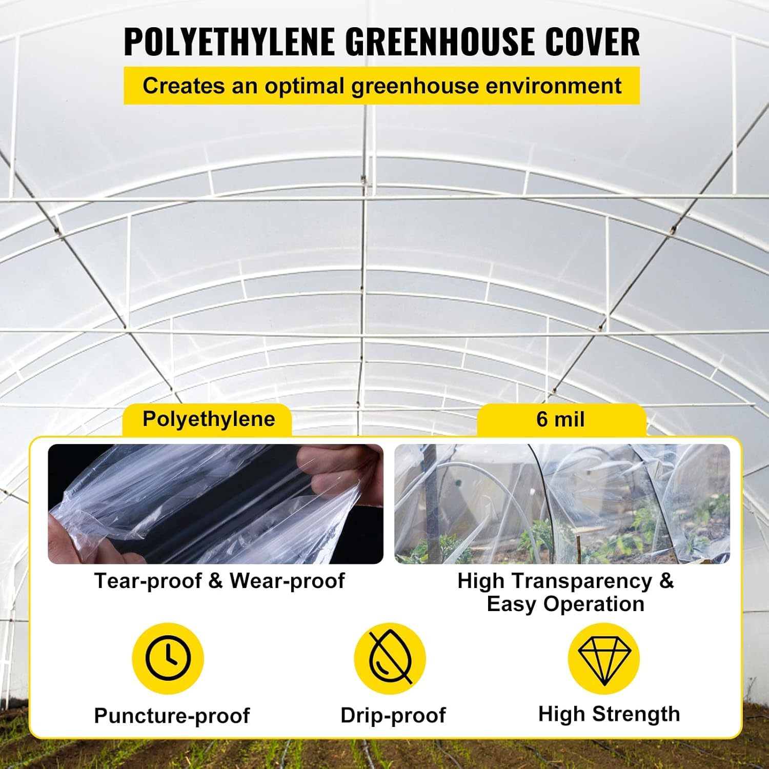 VEVOR 10' X 100' Greenhouse Plastic Sheeting, 6 Mil Thickness, UV Proof, 4 Year Clear Polyethylene Cover, Farm Plastic Supply for Gardening, Farming and Agriculture image number 5