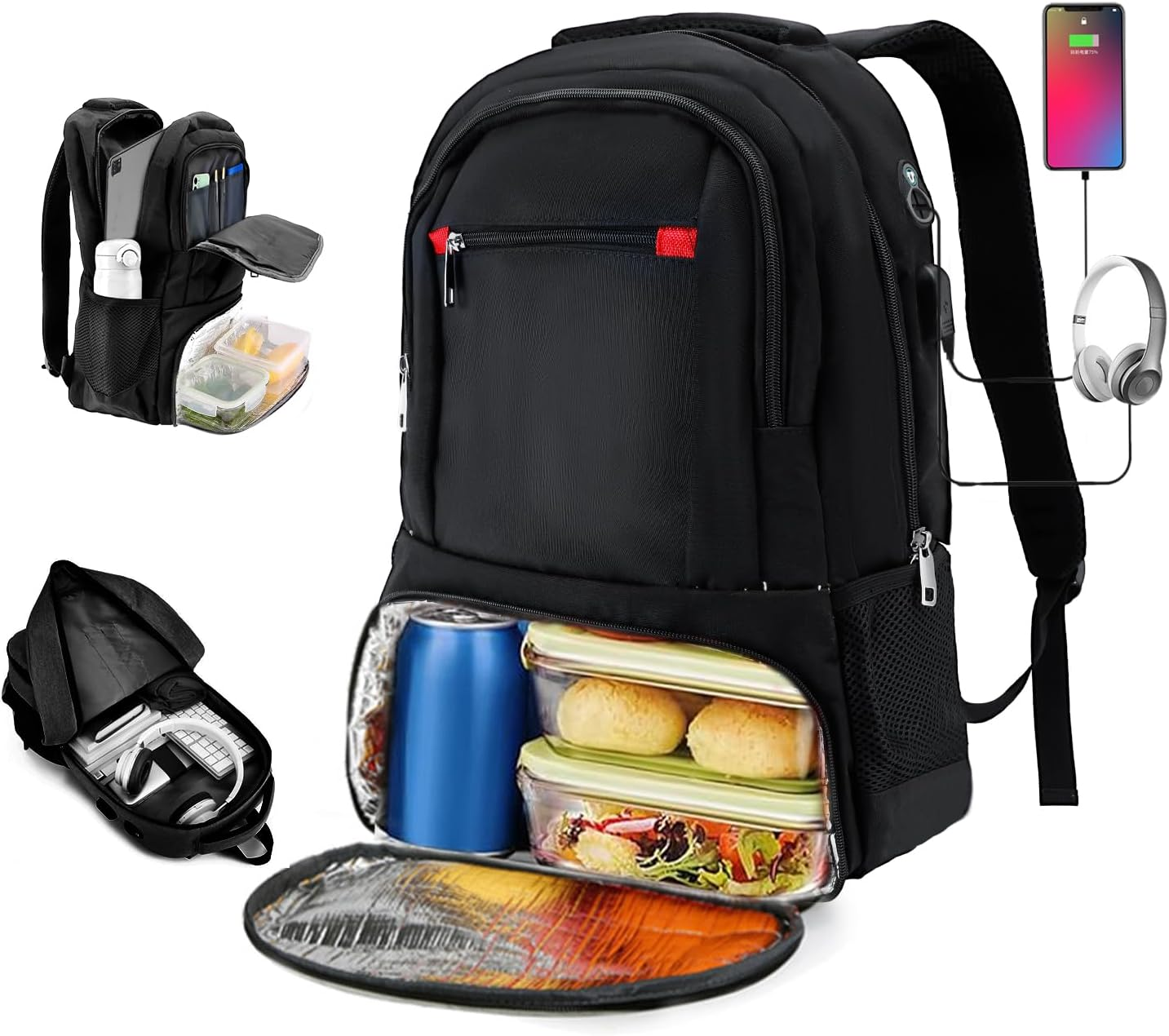 Laptop Backpack for Women Men,35L Waterproof Work Backpack with USB Charging Port Headphone Jack, Portable Computer Back Pack with Insulated Lunch Compartment for Hiking Travel Outdoor 49 * 33 * 22Cm