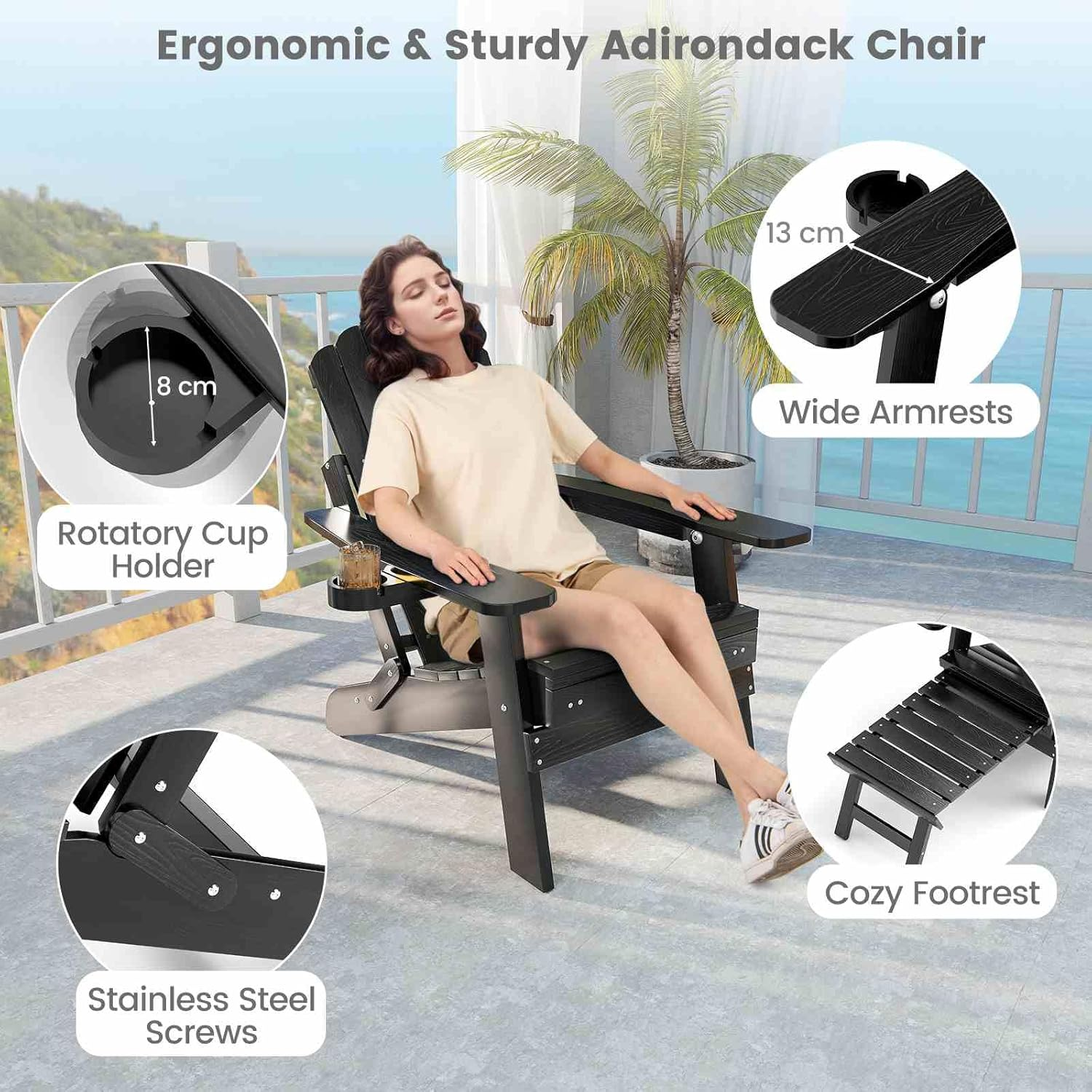 Costway Patio Adirondack Chair, All-Weather HIPS 180Kg Loaded Lounge Chair W/Retractable Footrest & Adjustable Backrest, Outdoor Folding Adirondack Chaise Lounge for Lawn, Backyard (Black) - Black-2 Packs image number 5