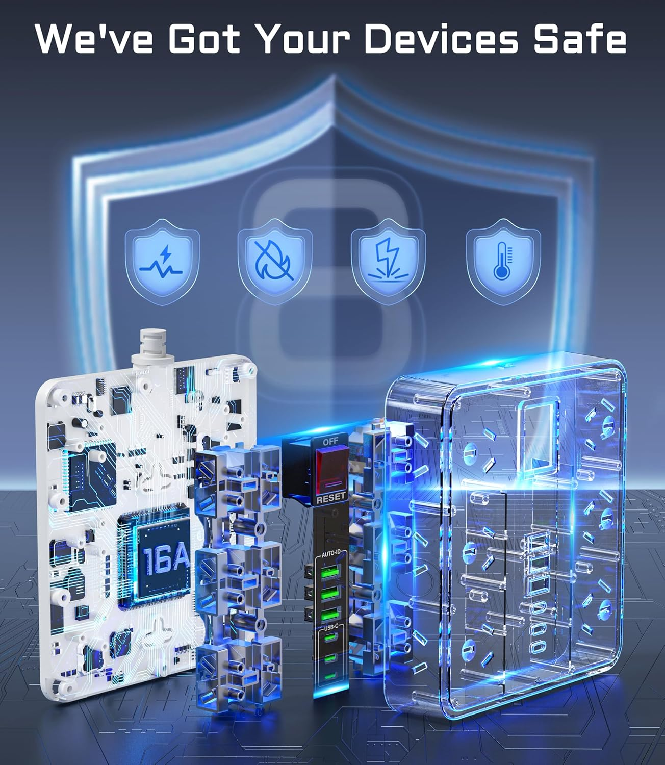 HEYMIX Powerboard USB Surge Protector - 18IN1 Power Board with 3 USB C & 3 USB A, 12 Outlet Power Strip with 1.9M Extension Cord,Wall Mountable 2500W Surge Protection and Overload Switch White image number 4