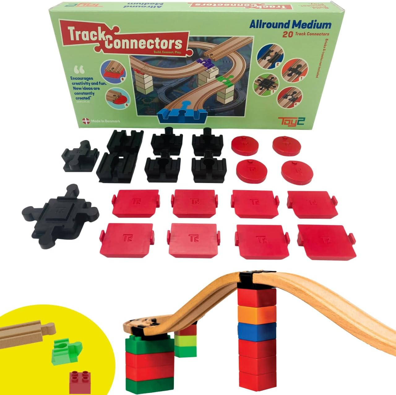 TOY2 Allround Medium Set Compatible Brio Railway &  Duplo Building Blocks Building Set 6 Different Track Connectors Sustainable Wooden Railway Wooden Rail Connectors, All-Round Set 20 Rail