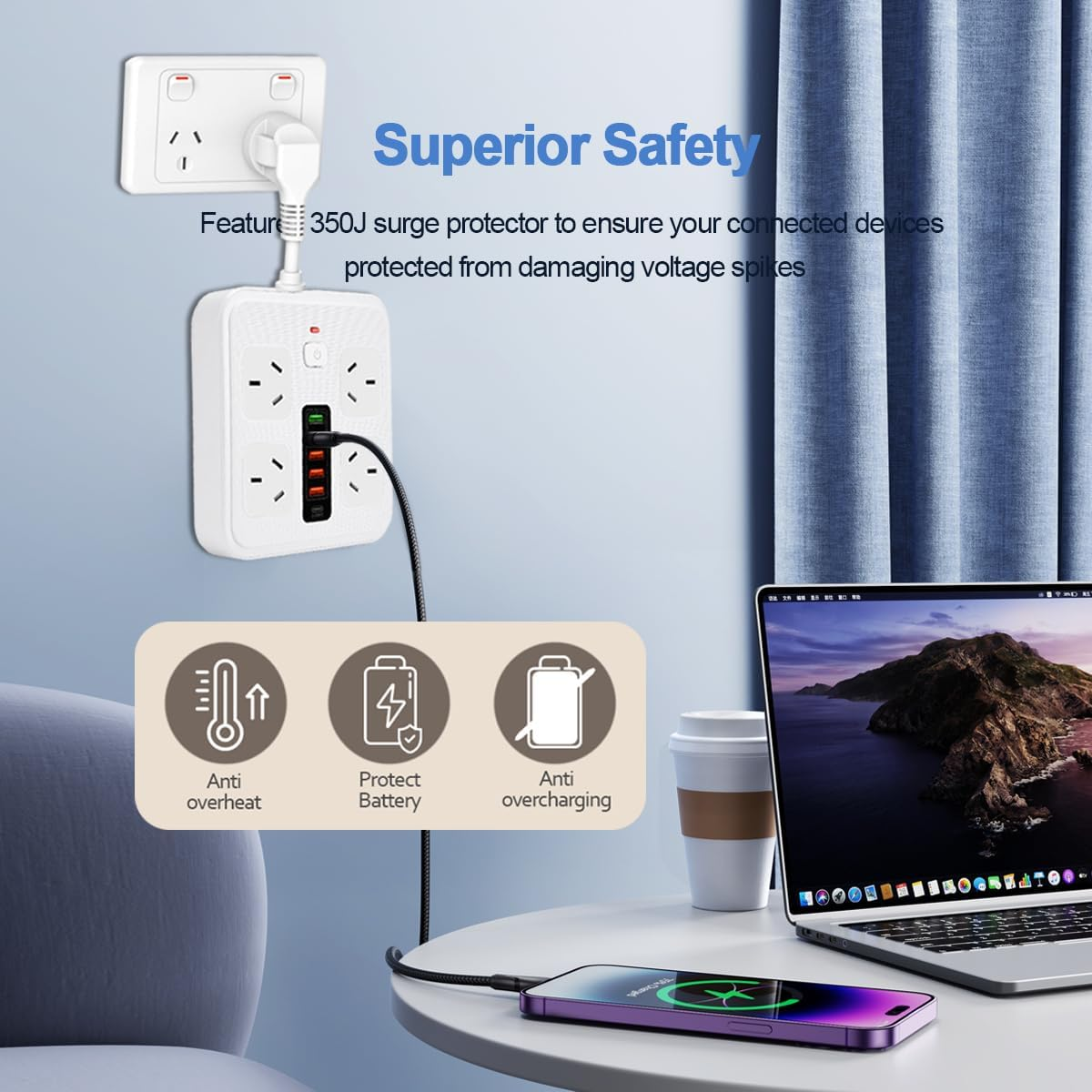 10 In1 Power Strip, Power Board with USB C with 4-Sockets Combo, 5-USB a 1-USB C（DC 5V 3.4A） Surge Protection 2400W-10A, Power Socket for Home & Office (White)