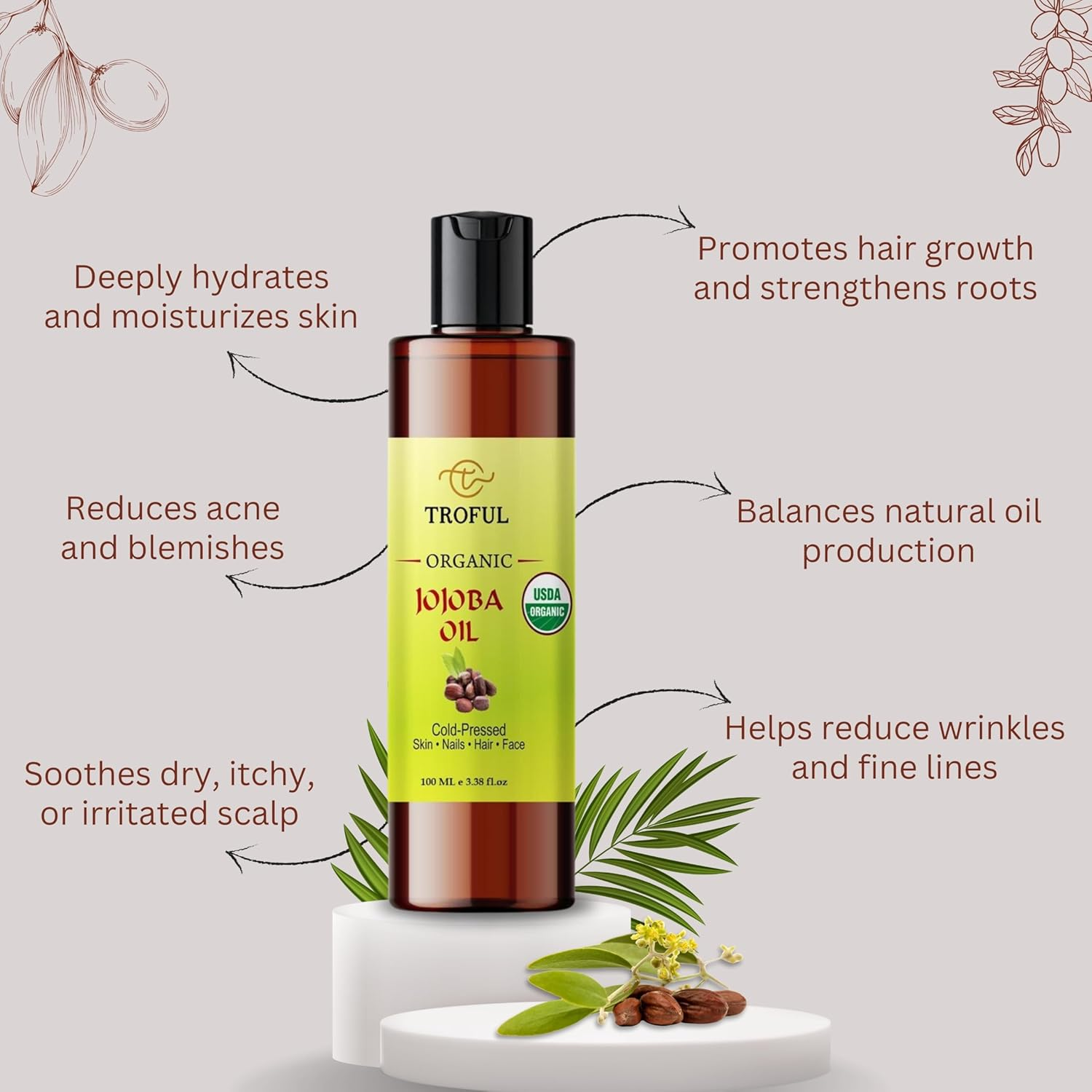 Troful Organic Jojoba Oil - Cold-Pressed 100 ML &ndash; Certified Organic, 100% Pure and Natural - Premium Grade Carrier Oil for Skin, Face, Hair, Nails, and Massage image number 1