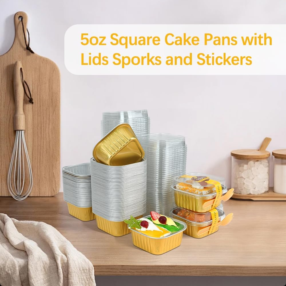 RETON 100 Pcs Mini Square Cake Pans with Lids and Sporks Stickers, 5Oz Aluminum Foil Ramekins Baking Cups, Individual Cupcake Containers for Brownies Dessert Party Wedding Birthday (Gold) image number 3