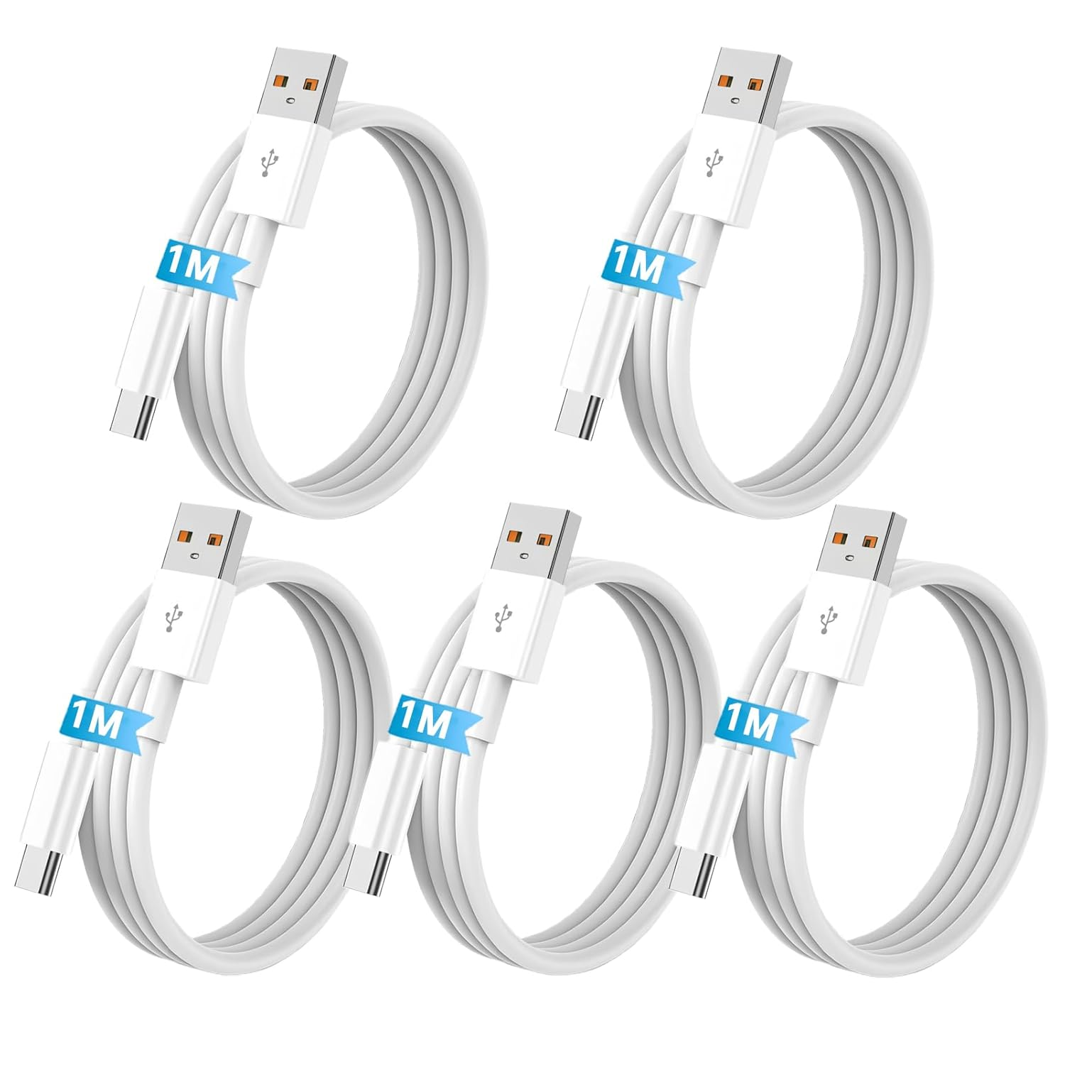 5Pack USB a to C Cable 60W【5 * 1M】 Fast Charging 6A Quick Charger Cord, Compatible with Iphone 17/16/15,Samsung Galaxy S10 S9 S8 Plus, Note 10 9 8, LG V50 V40 G8 G7 (White)