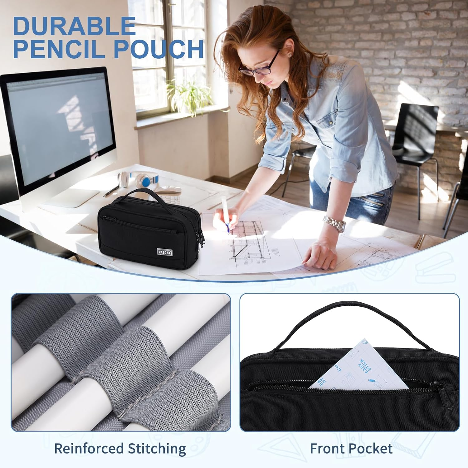 Pencil Case for School, Vaschy Large Cute Pencil Case Kids Pen Bag W Zippers Top Handle for Teens,Students,Adults School Supplies Organizer Black - Blue image number 7